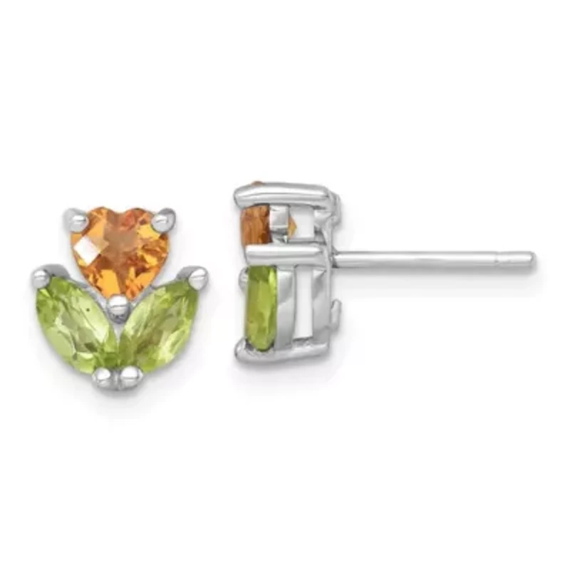 1/2 ct. t.w. Peridot and 1/3 ct. t.w. Citrine Flower Post Earrings in Rhodium-plated Sterling Silver