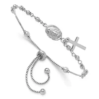 Sterling Silver Rhodium-plated Cross Dangle Rosary Adjustable Bracelet