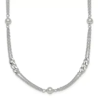 Sterling Silver Polished and Beaded Fancy 2-Strand Link 17.5-inch Necklace
