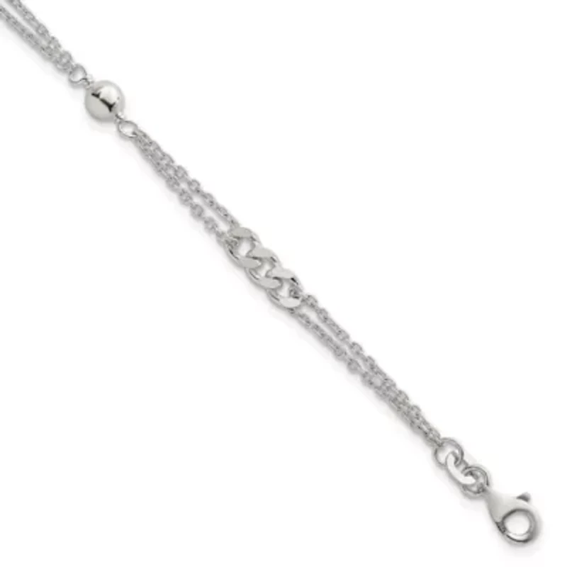 Sterling Silver Polished and Beaded Fancy 2-Strand Link 7.25-inch Bracelet