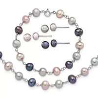 Sterling Silver Rhodium-plated Grey/Pink/Black FWC Pearl Necklace/7.25-inch Bracelet/3pc Earring