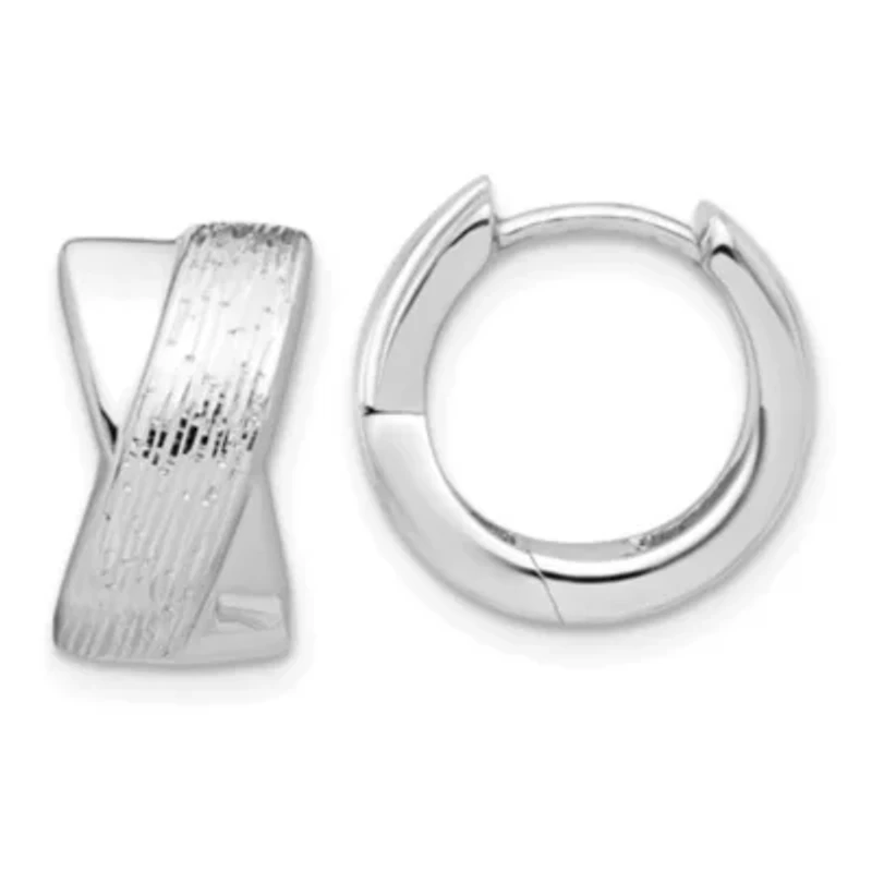 Sterling Silver Rhodium-plated and Diamond-cut Hinged Hoop Earrings