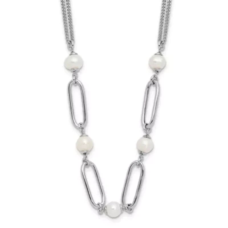 Sterling Silver Rhodium-plated Polished Freshwater Cultured Pearls with 2-inch Extension Necklace