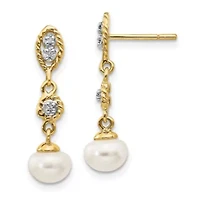0.02 ct. t.w. Diamond with Rhodium 6-7mm Semi-round Freshwater Cultured Pearl Earrings in 14K Yellow Gold