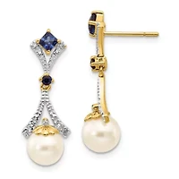 0.028 ct. t.w. Diamond, 1/10 ct. t.w. Sapphire and 7-8mm and Freshwater Cultured Pearl Lab Created Dangle Post Earrings in 14K Yellow Gold