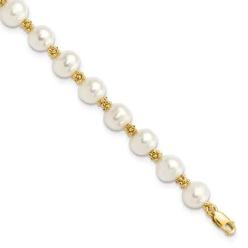 14K Yellow Gold 6-7mm White Round Freshwater Cultured Pearl Bracelet