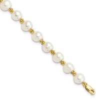 14K Yellow Gold 6-7mm White Round Freshwater Cultured Pearl Bracelet