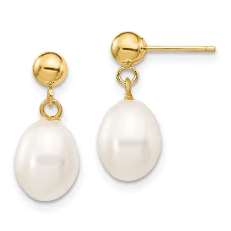 14K Yellow Gold 7-8mm White Rice Freshwater Cultured Pearl Dangle Post Earrings