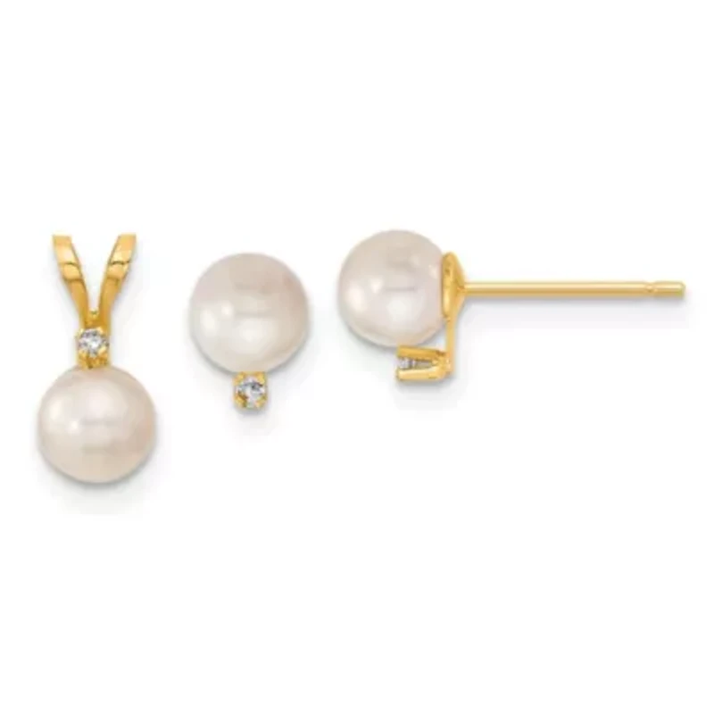 0.03 ct. t.w. Diamonds and 5-6mm Saltwater Akoya Cultured Pearl Earring and Pendant Set in 14K Yellow Gold