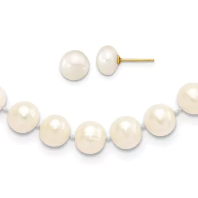 14K Yellow Gold 7-8mm Near Round White Freshwater Cultured Pearl Necklace and Button Earring Set