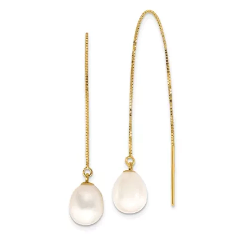 14K Yellow Gold 7-8mm White Teardrop Freshwater Cultured Pearl Box Chain Threader Earrings
