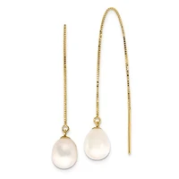 14K Yellow Gold 7-8mm White Teardrop Freshwater Cultured Pearl Box Chain Threader Earrings