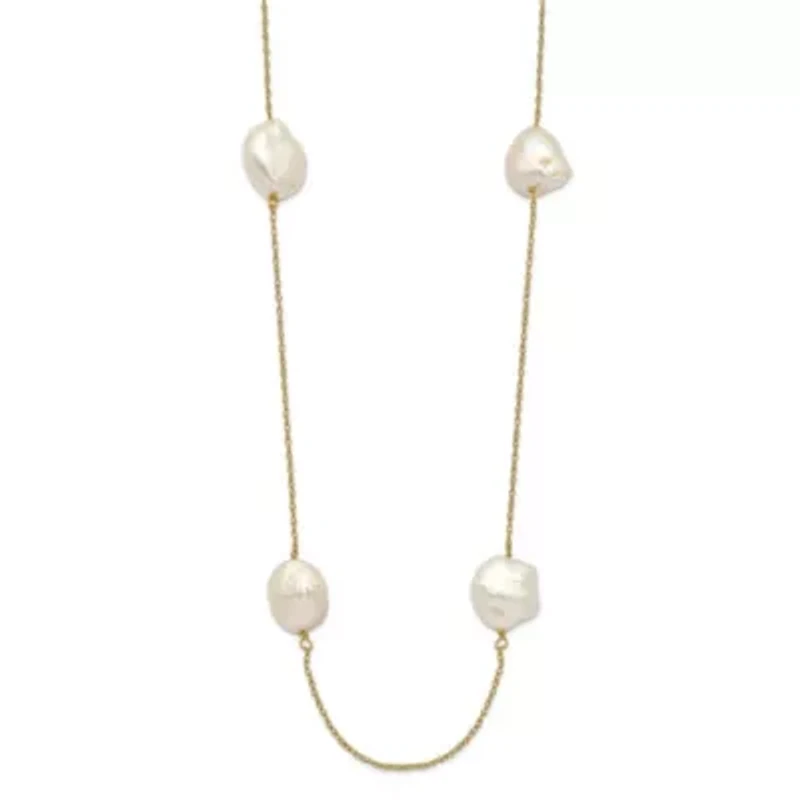 14K Yellow Gold 10-11mm White Keshi Freshwater Cultured Pearl 7-station Necklace
