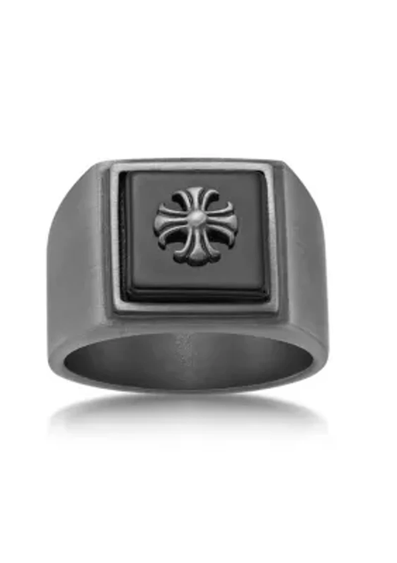 Stainless Steel Ring with Black Agate and Mattte Gray Ion Plating - 14.5MM