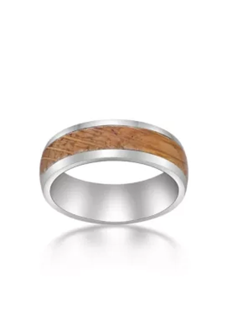 Stainless Steel Ring With Whisky Barrel Wood Inlay And Clear Resin