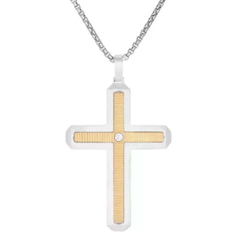 Two Tone Stainless Steel Cubic Zirconia Cross Pendant