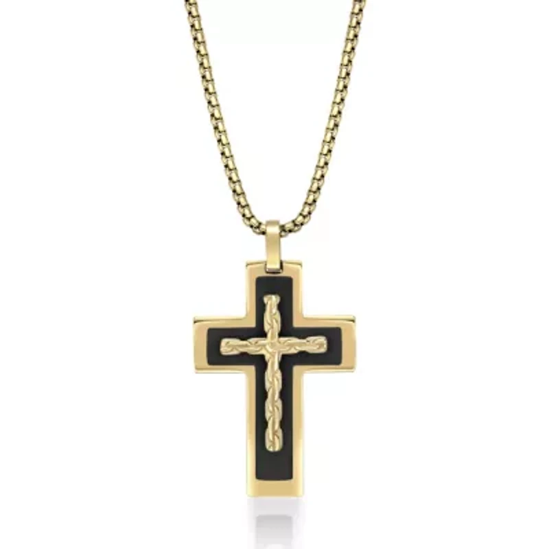 Black and Gold Tone Ion Plated Stainless Steel Cross Pendant Necklace