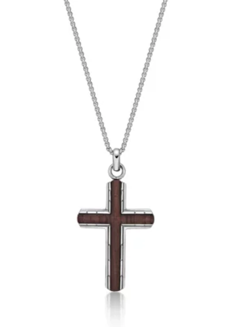 Stainless Steel Cross Pendant with Bubinga Wood Inlay and 24" Round Box Chain