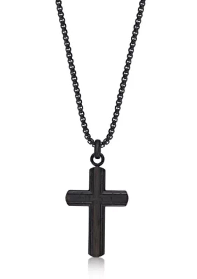 Black Ip Plated Stainless Steel Cross Pendant with Ebony Wood Inlay and 24" Round Box Chain