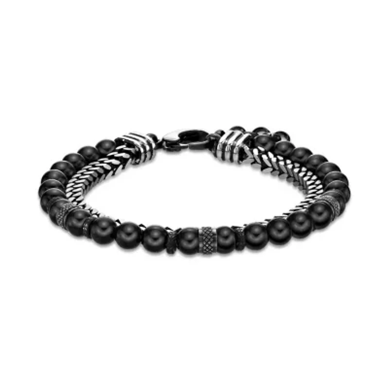 Stainless Steel Black Agate Bead Foxtail Chain Bracelet