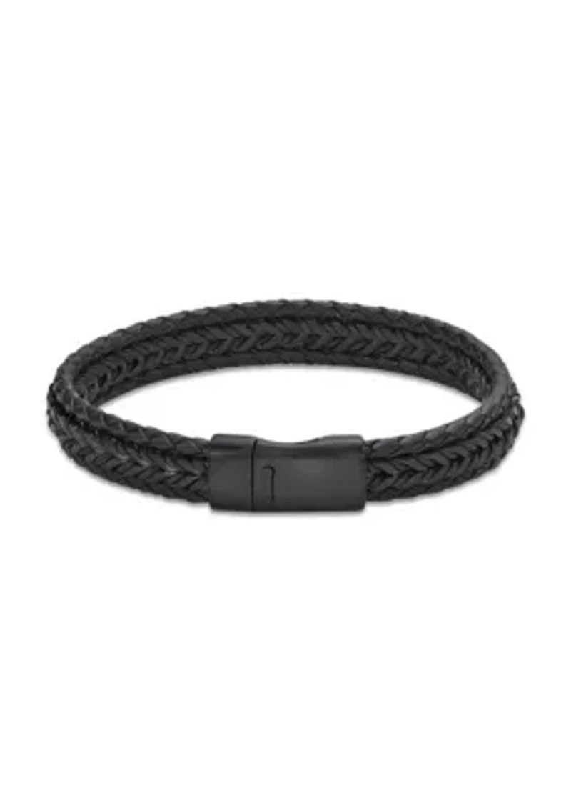 Black Ion Plated Stainless Steel and Brown Leather & Cord Bracelet in 8.5"