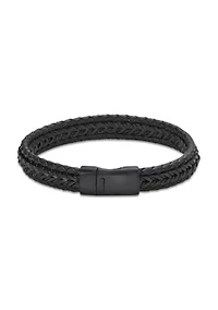 Black Ion Plated Stainless Steel and Brown Leather & Cord Bracelet in 8.5"