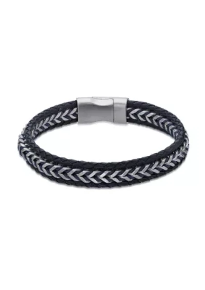 Braided Stainless Steel, Blue Leather and Blue Cord Bracelet in 8.5"