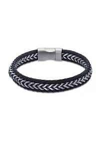 Braided Stainless Steel, Blue Leather and Blue Cord Bracelet in 8.5"