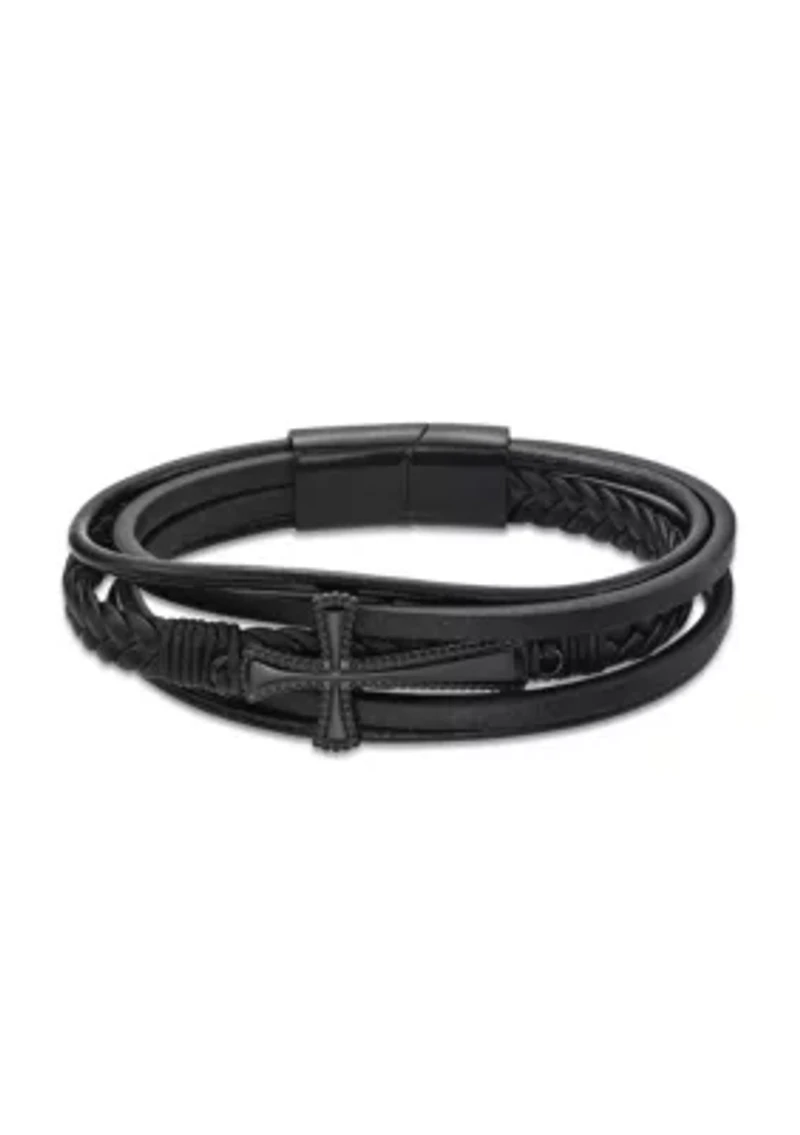 Black Ion Plated Stainless Steel and  Black Leather Multi Strand Cross Bracelet in 8.5"