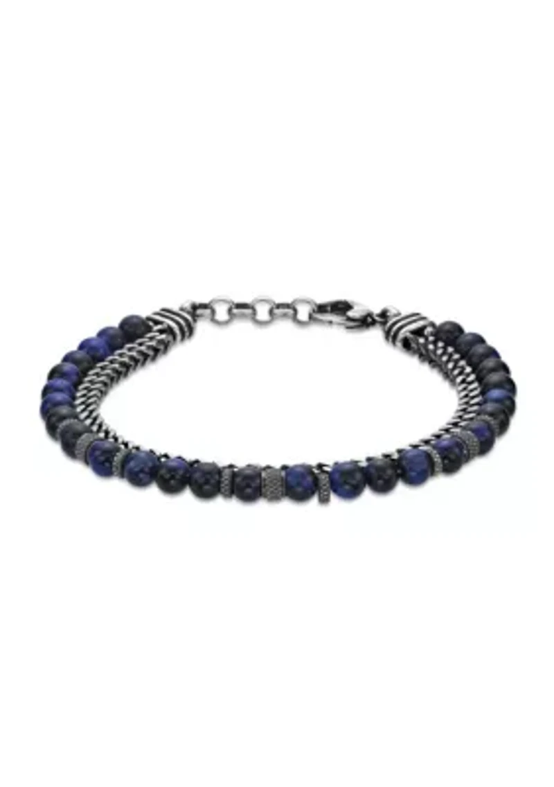 Antique Black–Finish Stainless Steel & Blue Tiger Eye Bracelet 8.5"