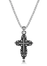 Antique Black Finish Stainless Steel Cross Pendant with 24" Round Box Chain