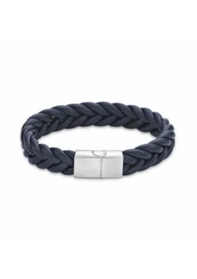 Stainless Steel and Braided Blue Leather Bracelet