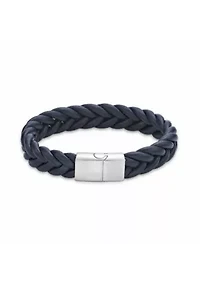 Stainless Steel and Braided Blue Leather Bracelet