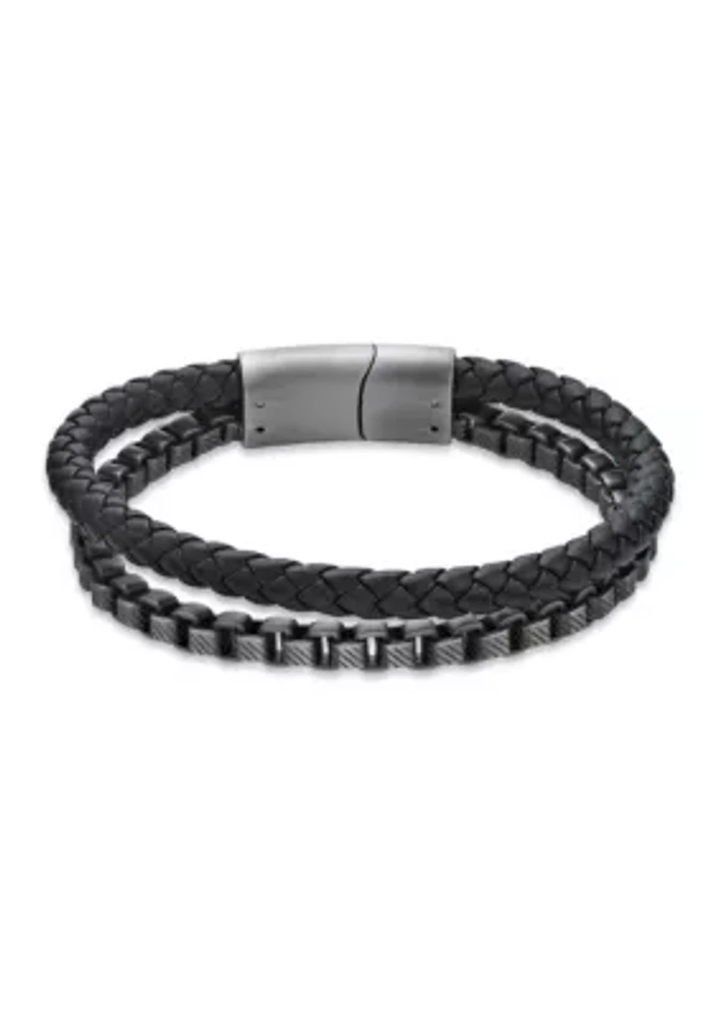 Matte Finish Stainless Steel Box Chain and Braided Black Leather Bracelet