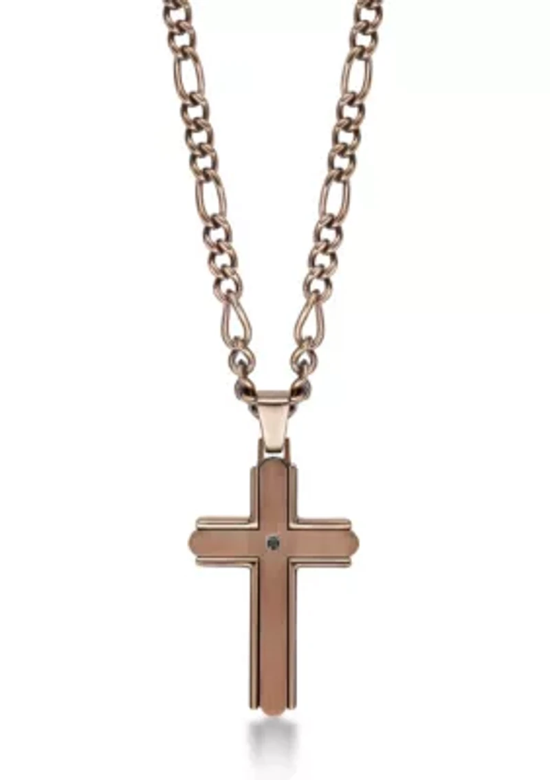 Stainless Steel and Black Cz Chocolate Ip Cross Pendant with 22" Figaro Chain