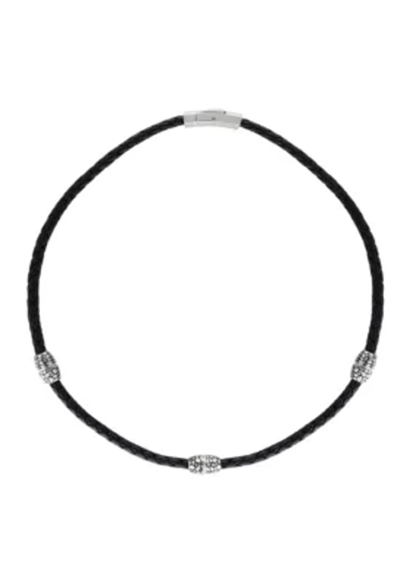 Stainless Steel Necklace in Black Leather, 22” Length