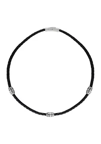 Stainless Steel Necklace in Black Leather, 22” Length