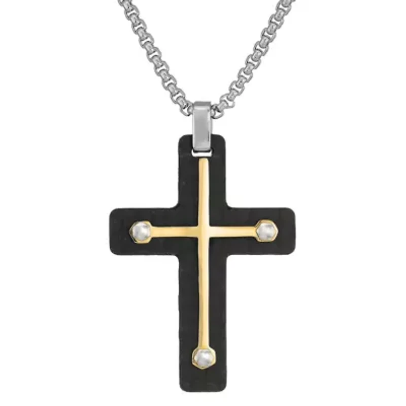 Stainless Steel Two Tone Carbon Fiber Cross Pendant Necklace