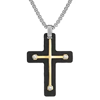 Stainless Steel Two Tone Carbon Fiber Cross Pendant Necklace