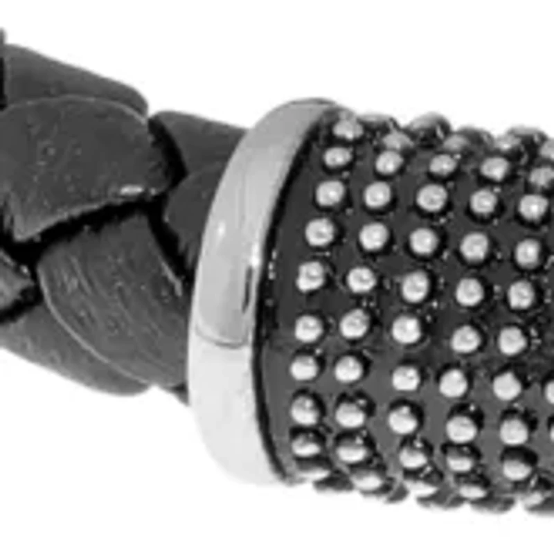 Stainless Steel Black Leather and BIP 8.5 Inch Bracelet