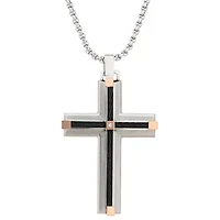 Stainless Steel Cubic Zirconia Two Tone Cross Pendant Necklace