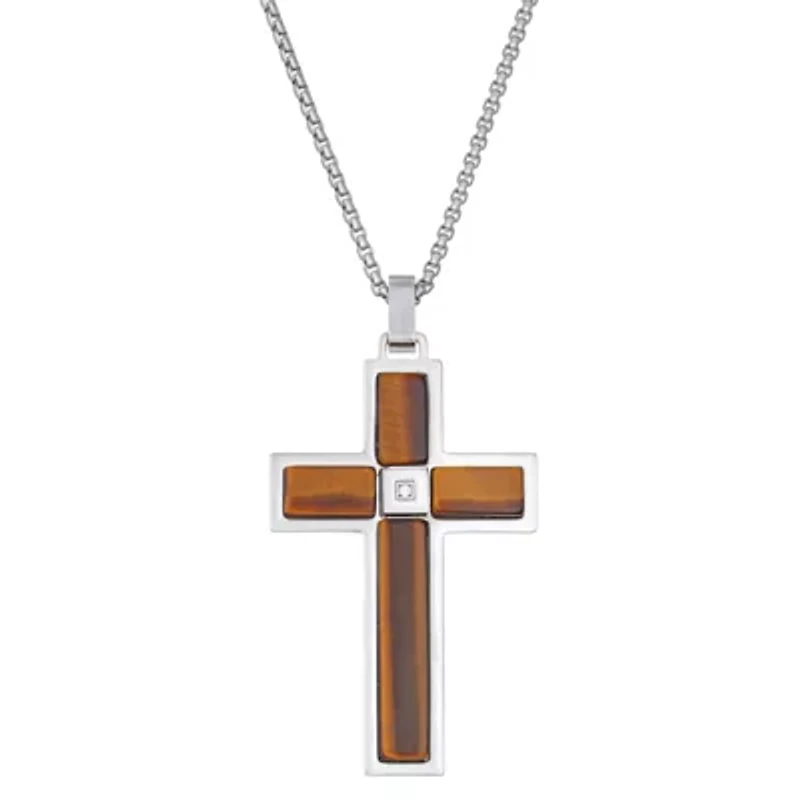 Stainless Steel Cubic Zirconia Tiger Eye Cross Pendant Necklace