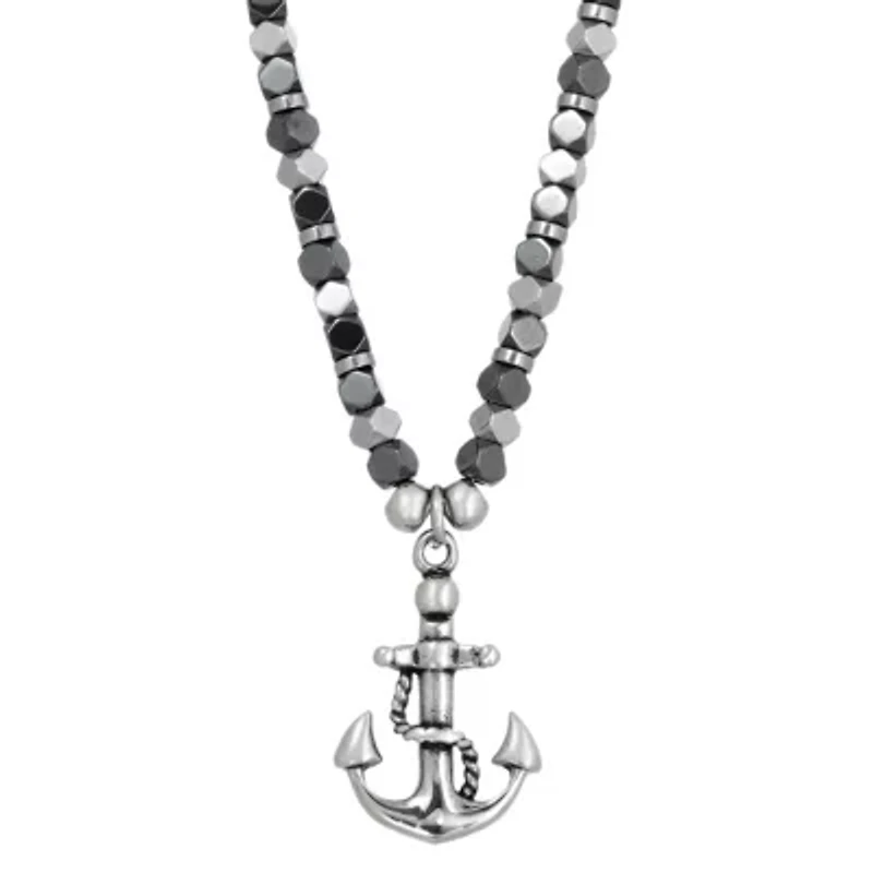 Stainless Steel Anchor Pendant Necklace with Hematite Beads