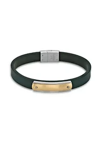 Stainless Steel Green Leather Bracelet with Gold Tone Ip