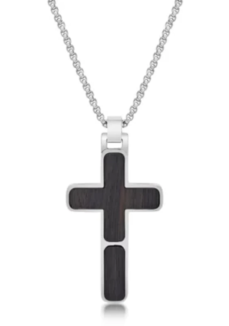 Stainless Steel and Wood Cross Pendant with 24" Round Box Chain