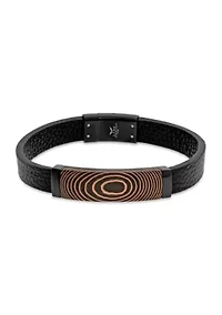 Black Ion Plated Stainless Steel and Leather Bracelet with Carbon Fiber & Copper Inlay