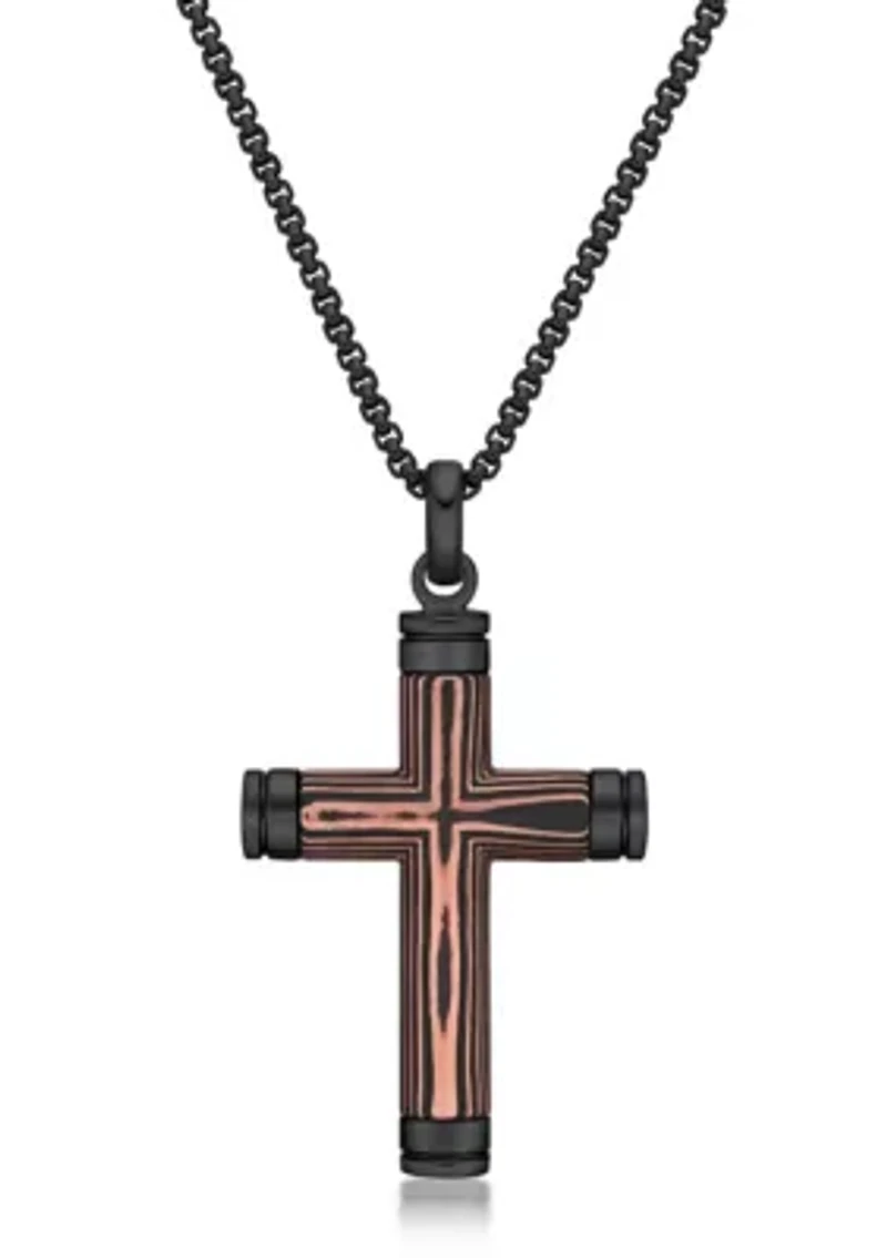 Stainless Steel, Carbon Fiber & Copper Foil Cross Pendant with Black Ip and 24" Round Box Chain