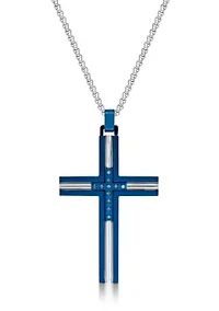 Stainless Steel and 0.08 Cttw Blue Diamonds Cross Pendant with Blue Ip and 24" Round Box Chain