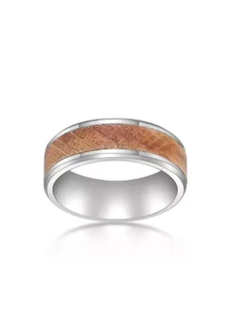 Stainless Steel Ring With Whisky Barrel Wood Inlay And Clear Resin