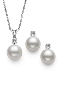 Lab Created White Topaz and Freshwater Pearl Sterling Silver Earring and Pendant Set 9–10mm